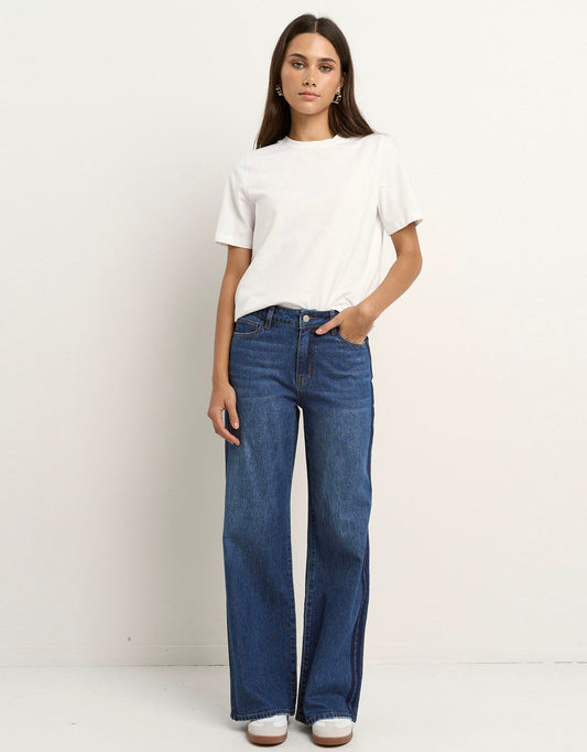 Manhattan Mid Rise Side Stripe Wide Leg Jean - (Mid Blue)