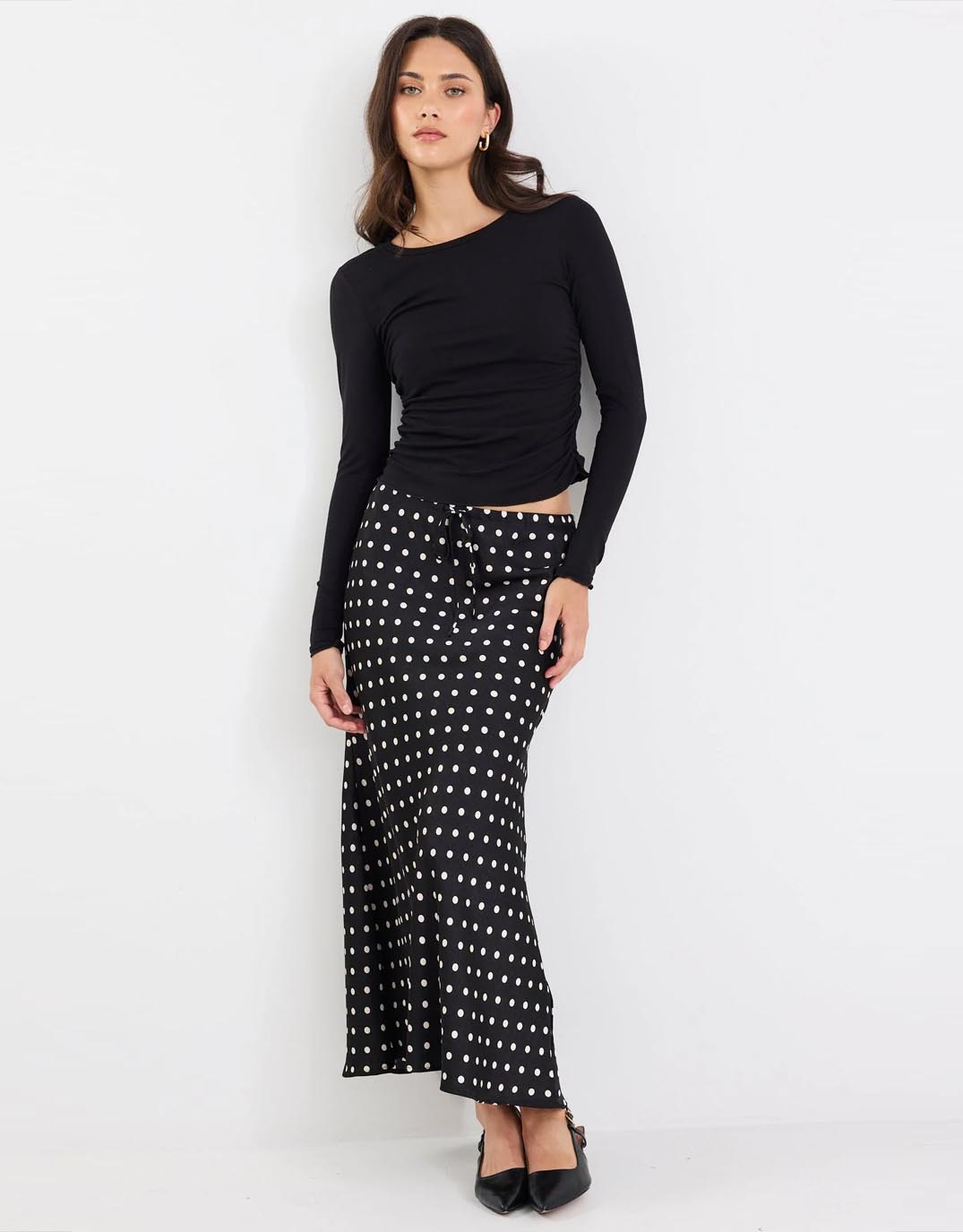 Stories Be Told Rarity Satin Bias Maxi Skirt (Black White Polka Dot)