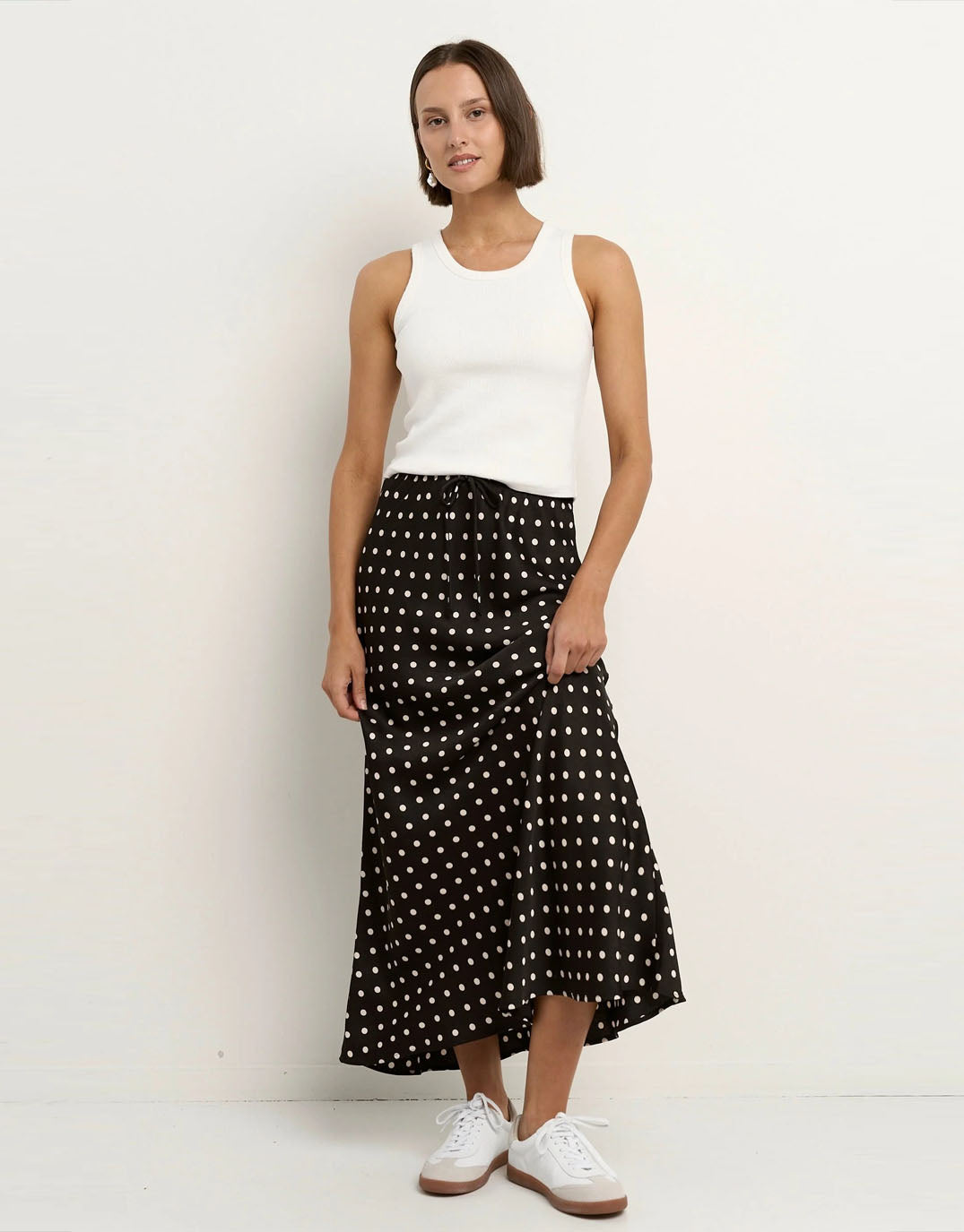 Stories Be Told Rarity Satin Bias Maxi Skirt (Black White Polka Dot)