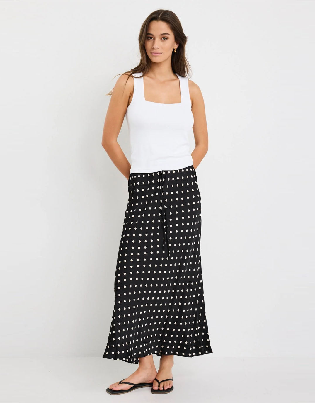 Stories Be Told Rarity Satin Bias Maxi Skirt (Black White Polka Dot)
