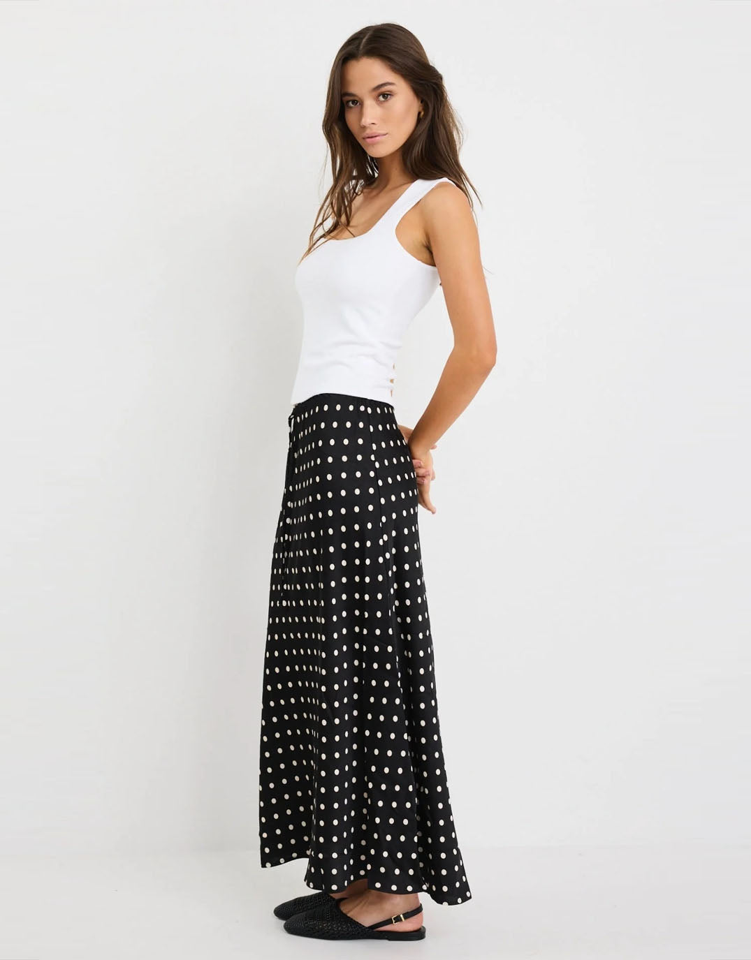 Stories Be Told Rarity Satin Bias Maxi Skirt (Black White Polka Dot)
