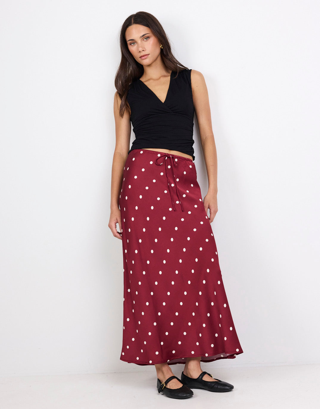 Stories Be Told Rarity Satin Tie Waist Bias Maxi Skirt (Wine/Cream Polka Dot)