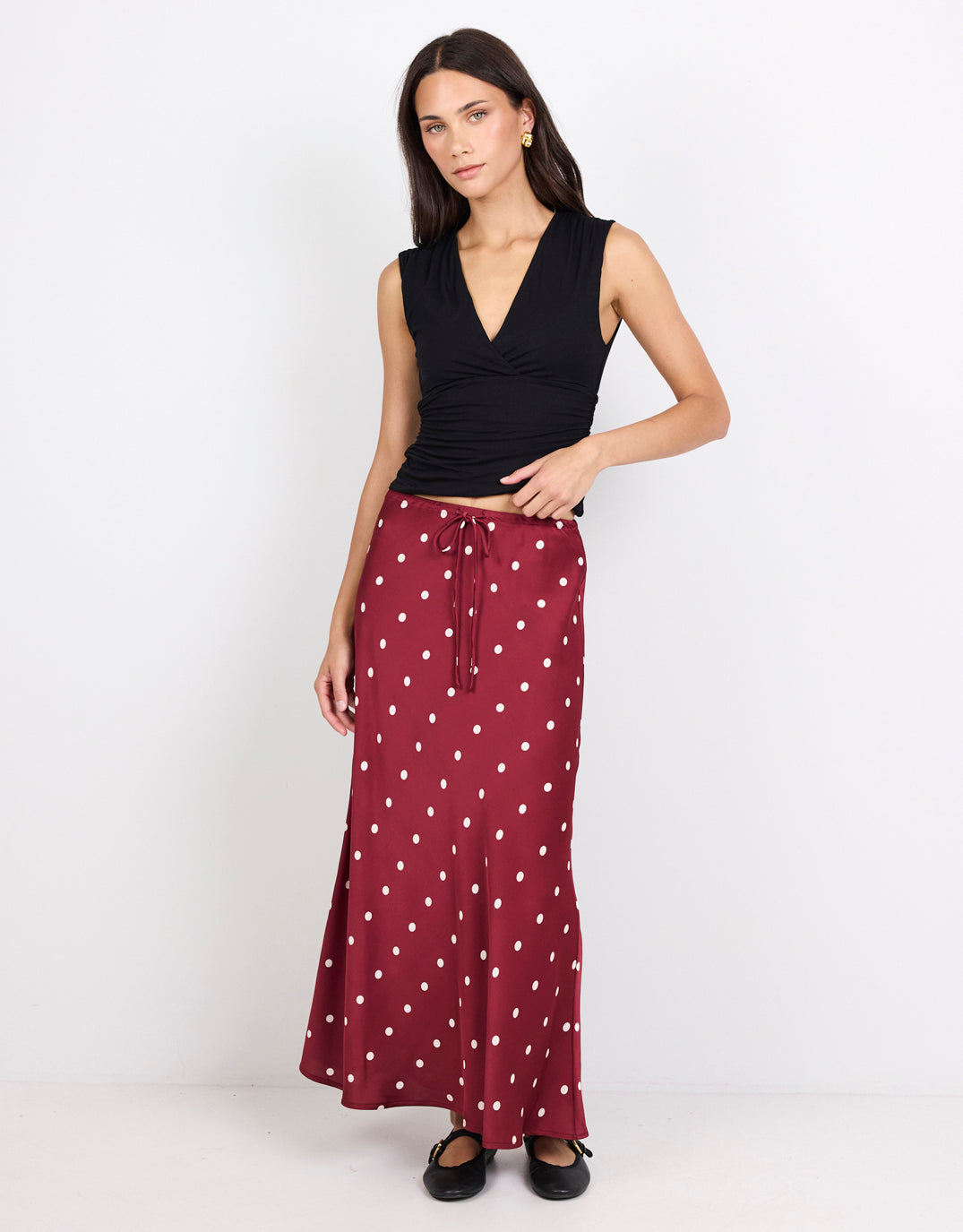 Stories Be Told Rarity Satin Tie Waist Bias Maxi Skirt (Wine/Cream Polka Dot)