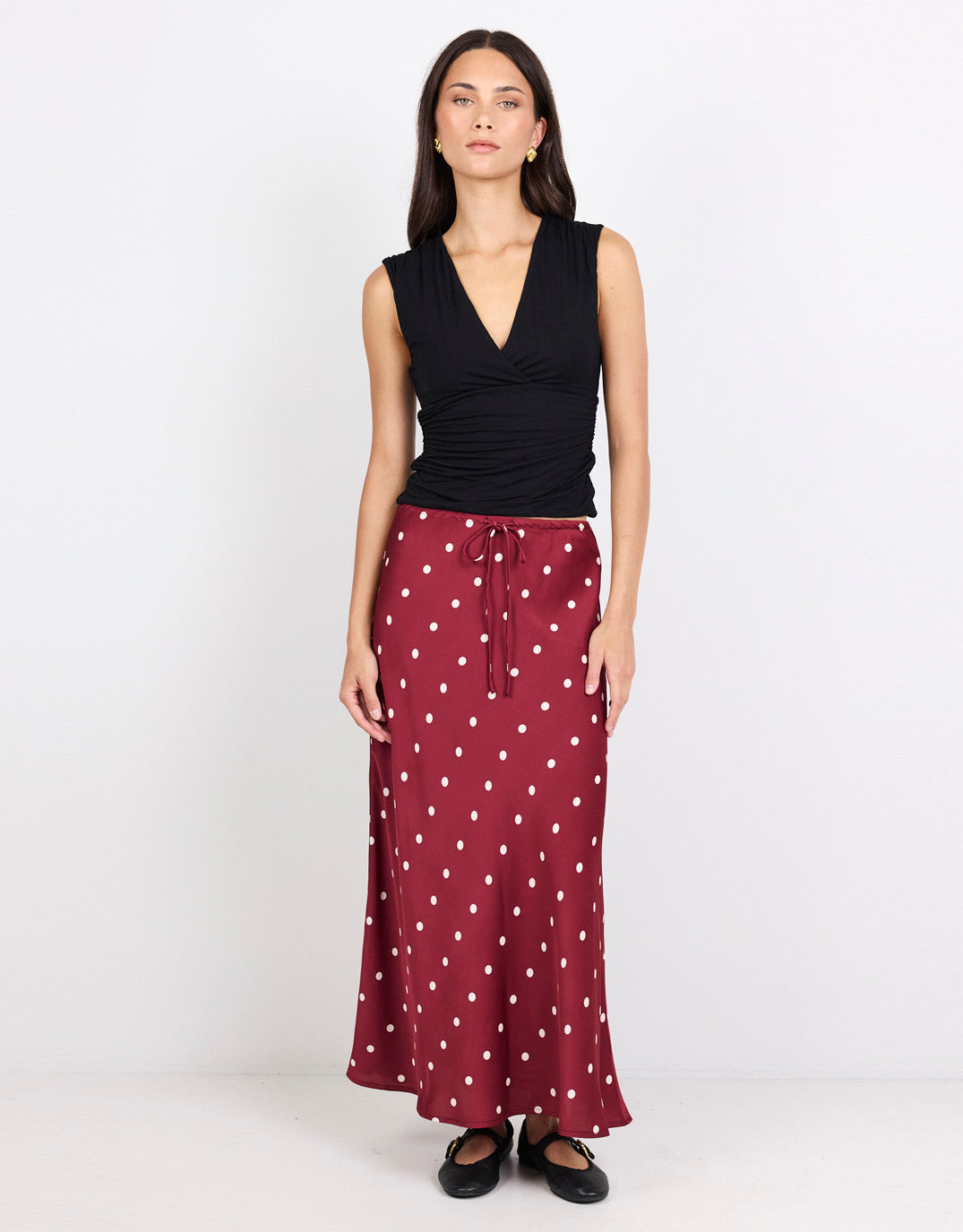 Stories Be Told Rarity Satin Tie Waist Bias Maxi Skirt (Wine/Cream Polka Dot)