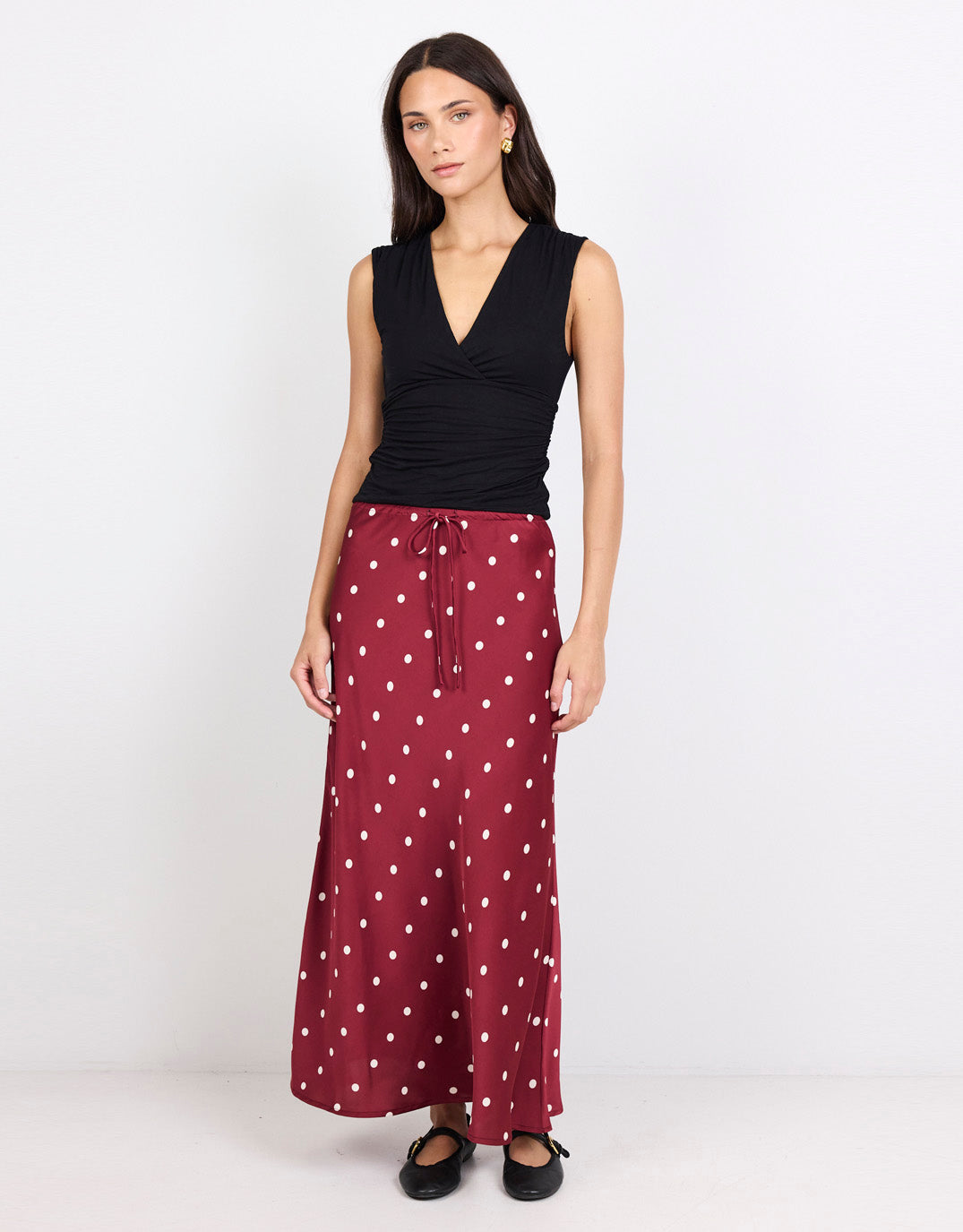 Stories Be Told Rarity Satin Tie Waist Bias Maxi Skirt (Wine/Cream Polka Dot)