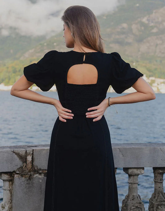 Image of Dresses. Product name - State Linen Blend Midi Dress Black in Black colour by brand - Stories Be Told