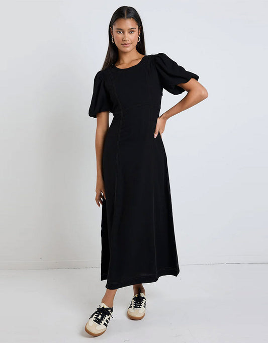 Image of Dresses. Productname: State Linen Blend Midi Dress - in Black colour by brand - Stories Be Told