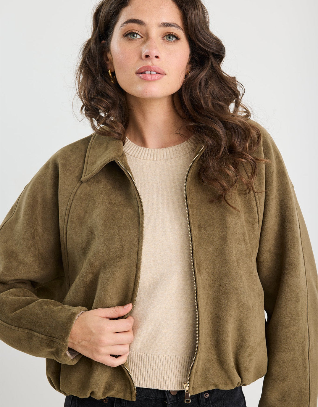Stories Be Told Troupe Faux Suede Zip Through Bubble Hem Bomber Jacket (Khaki)