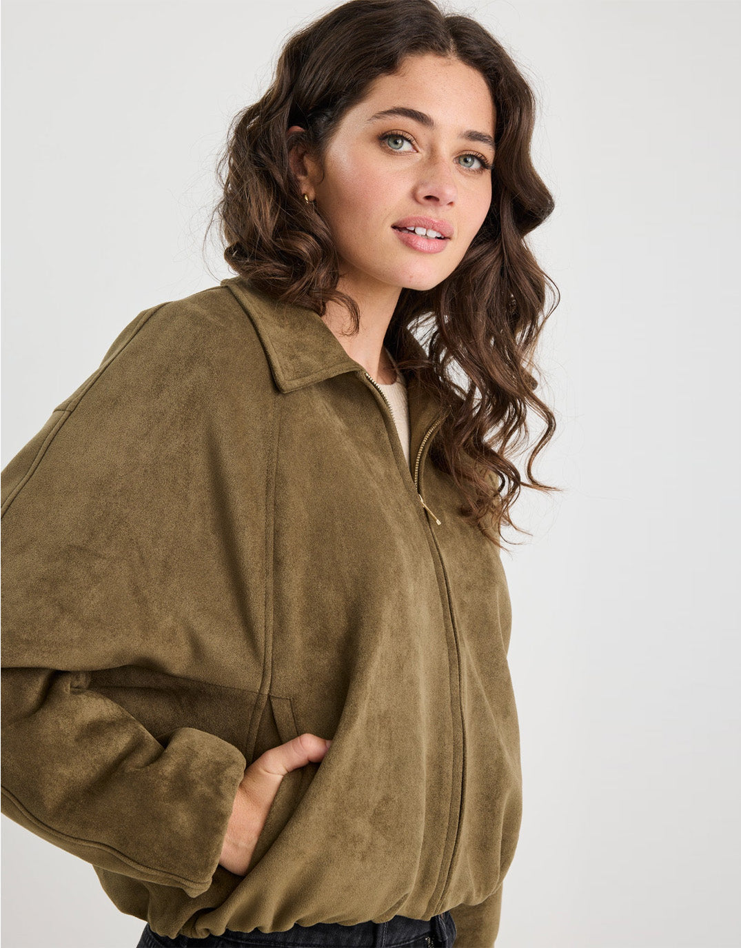 Stories Be Told Troupe Faux Suede Zip Through Bubble Hem Bomber Jacket (Khaki)