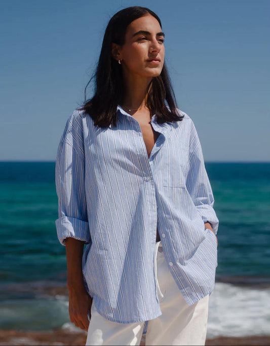 Image of a model wearing Tops. Productname: You Got This Oversized Shirt - in Blue Navy Stripe colour by brand - Stories Be Told