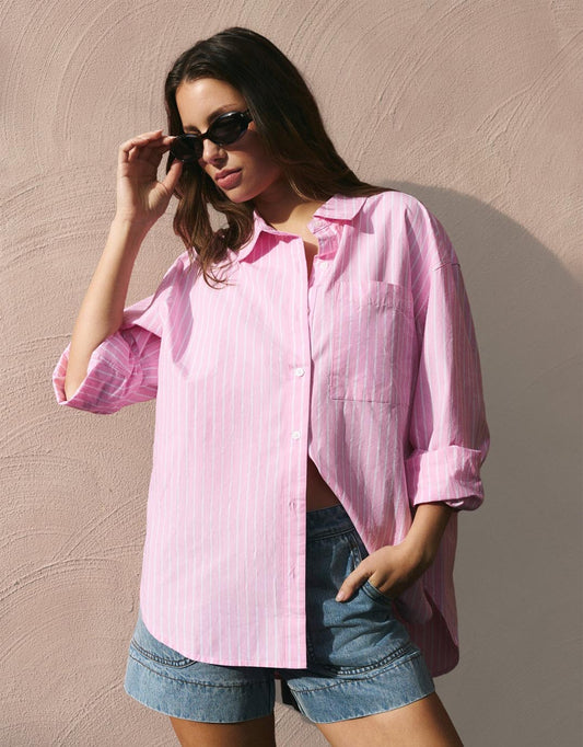 Image of a model wearing Tops. Productname: You Got This Oversized Shirt - in Pink Stripe colour by brand - Stories Be Told
