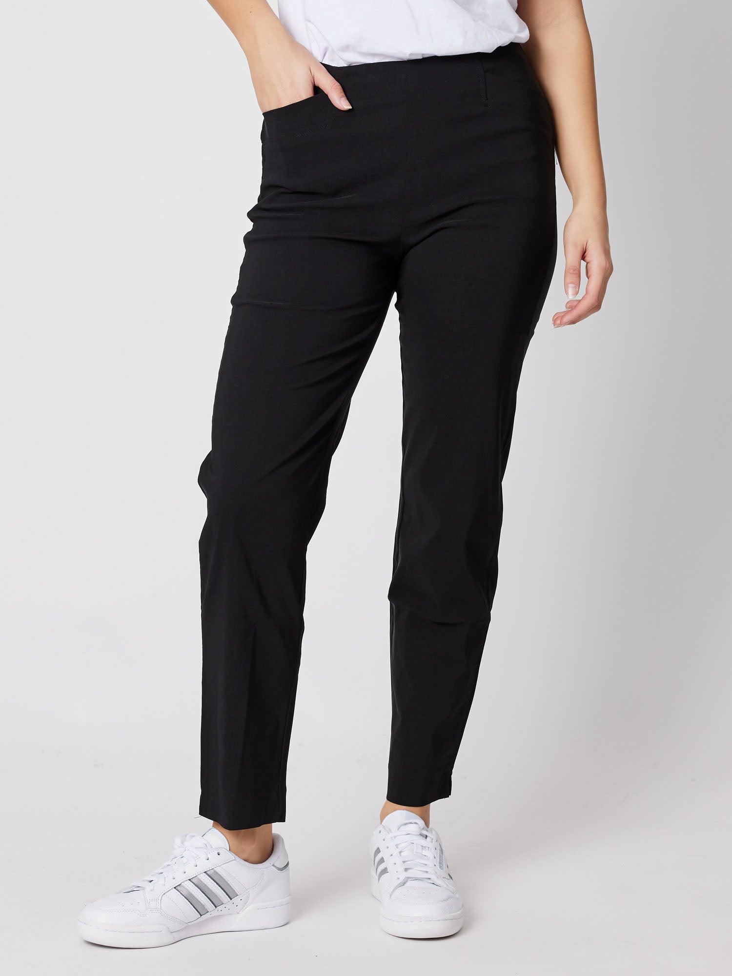 Image of a model wearing Pants. Product name - Chiara Full Length Bengaline Pant Black in Black colour by brand - Threadz