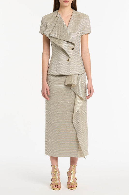 Image of Coats & Jackets. Product name - Striped Gold Double-Breasted Vest in Gold colour by brand - Carla Zampatti