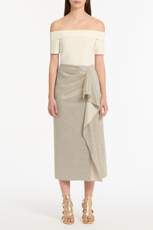 Image of a model wearing Skirts. Product name - Striped Gold Ruffle Front Skirt in Gold colour by brand - Carla Zampatti