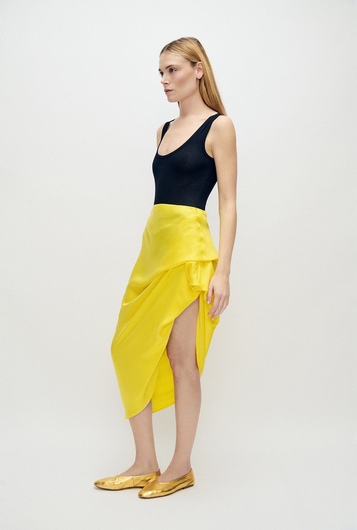 Silk Laundry Long Bias Cut Skirt (Wood Poppy Yellow)