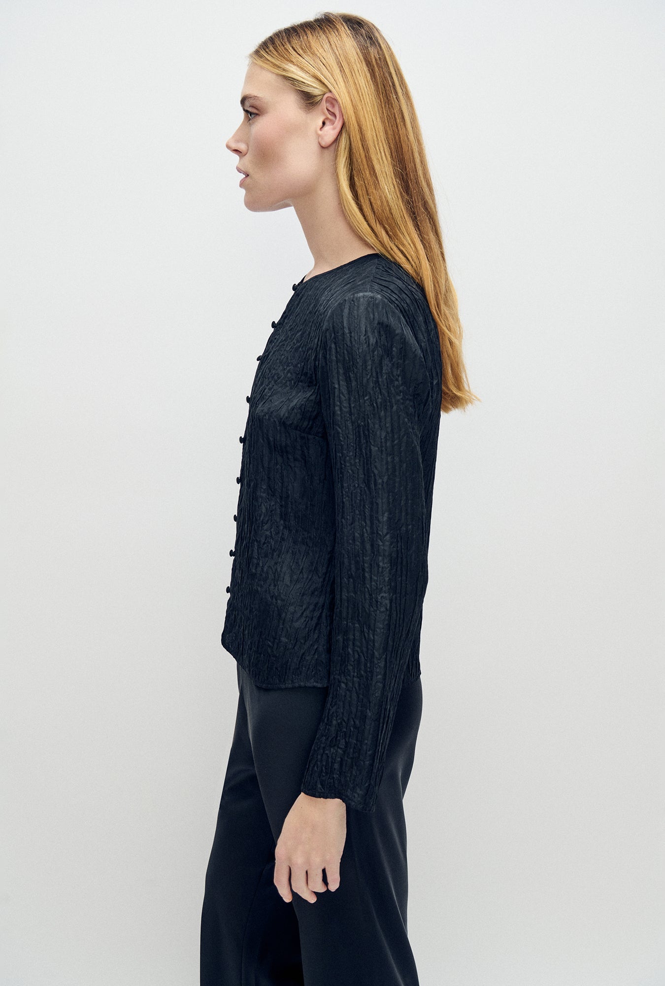 Silk Laundry Crinkle Long Sleeve Top (Black)