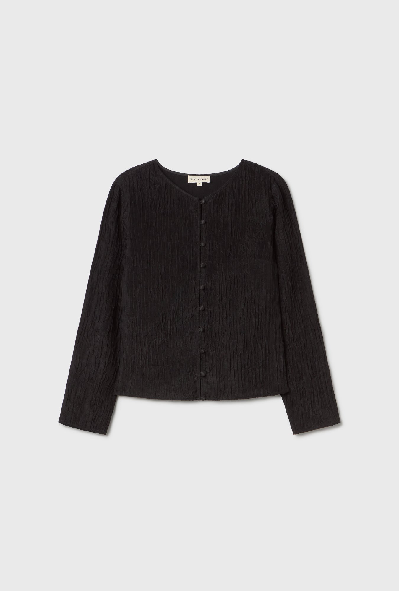 Silk Laundry Crinkle Long Sleeve Top (Black)