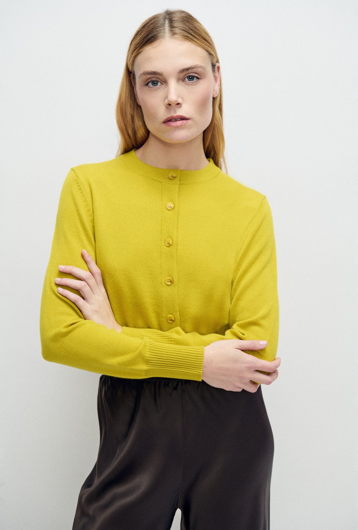 Image of Cardigans. Product name - Cropped Cardigan Mustard Yellow in Mustard Yellow colour by brand - Silk Laundry