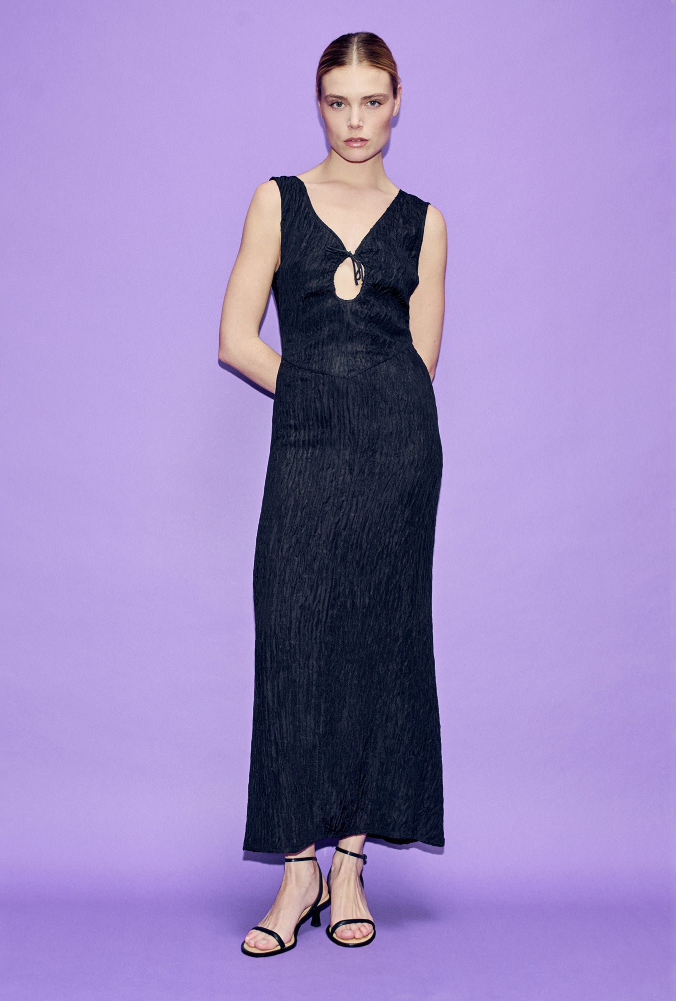 Silk Laundry Crinkle Peek-A-Boo Dress (Black)