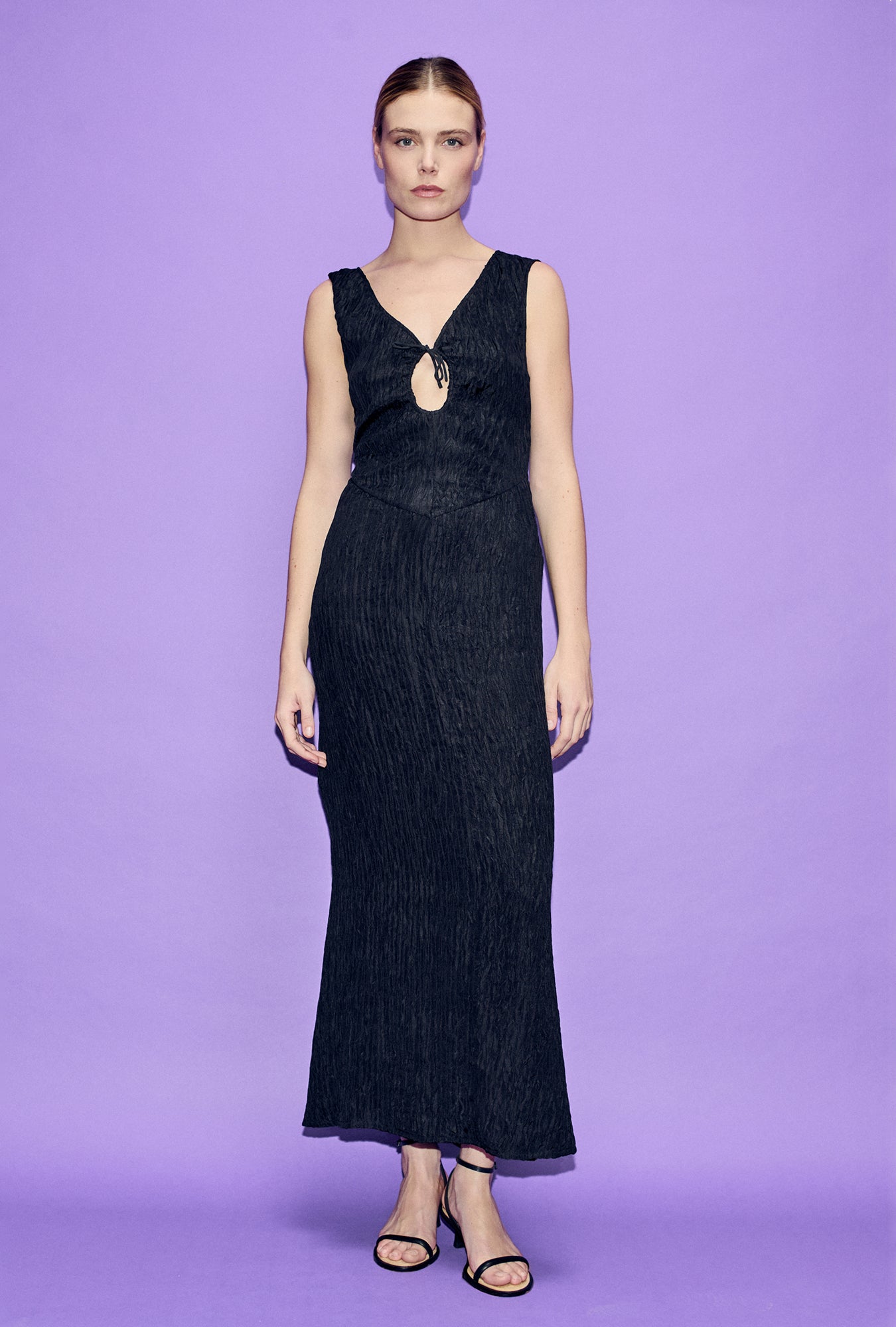 Image of Dresses. Product name - Crinkle Peek-A-Boo Dress Black in Black colour by brand - Silk Laundry