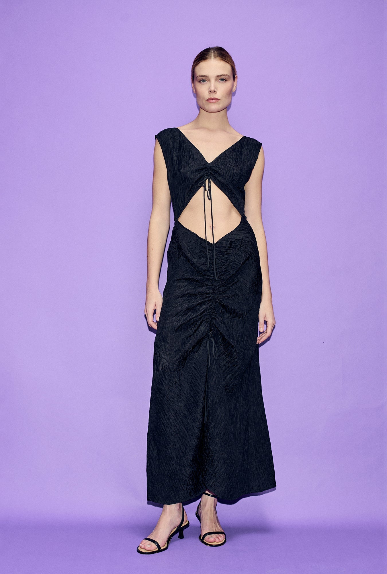 Silk Laundry Crinkle Peek-A-Boo Dress (Black)