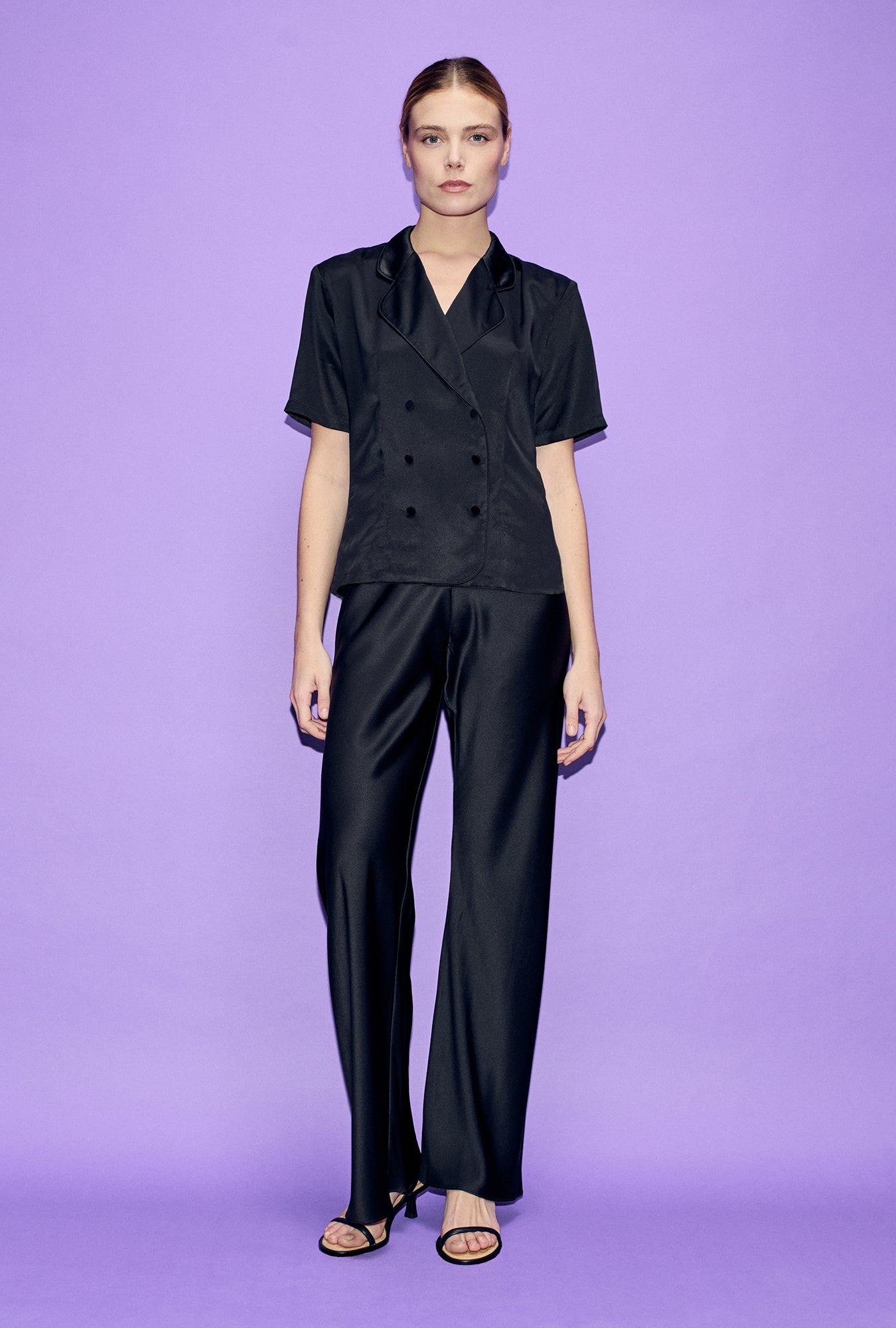 Silk Laundry Short Sleeve Double Breasted Jacket (Black Satin)