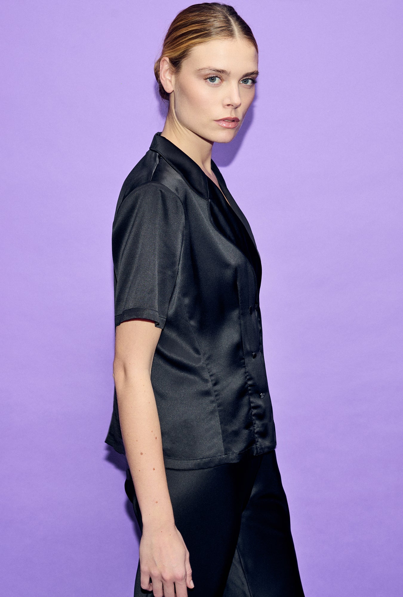 Silk Laundry Short Sleeve Double Breasted Jacket (Black Satin)