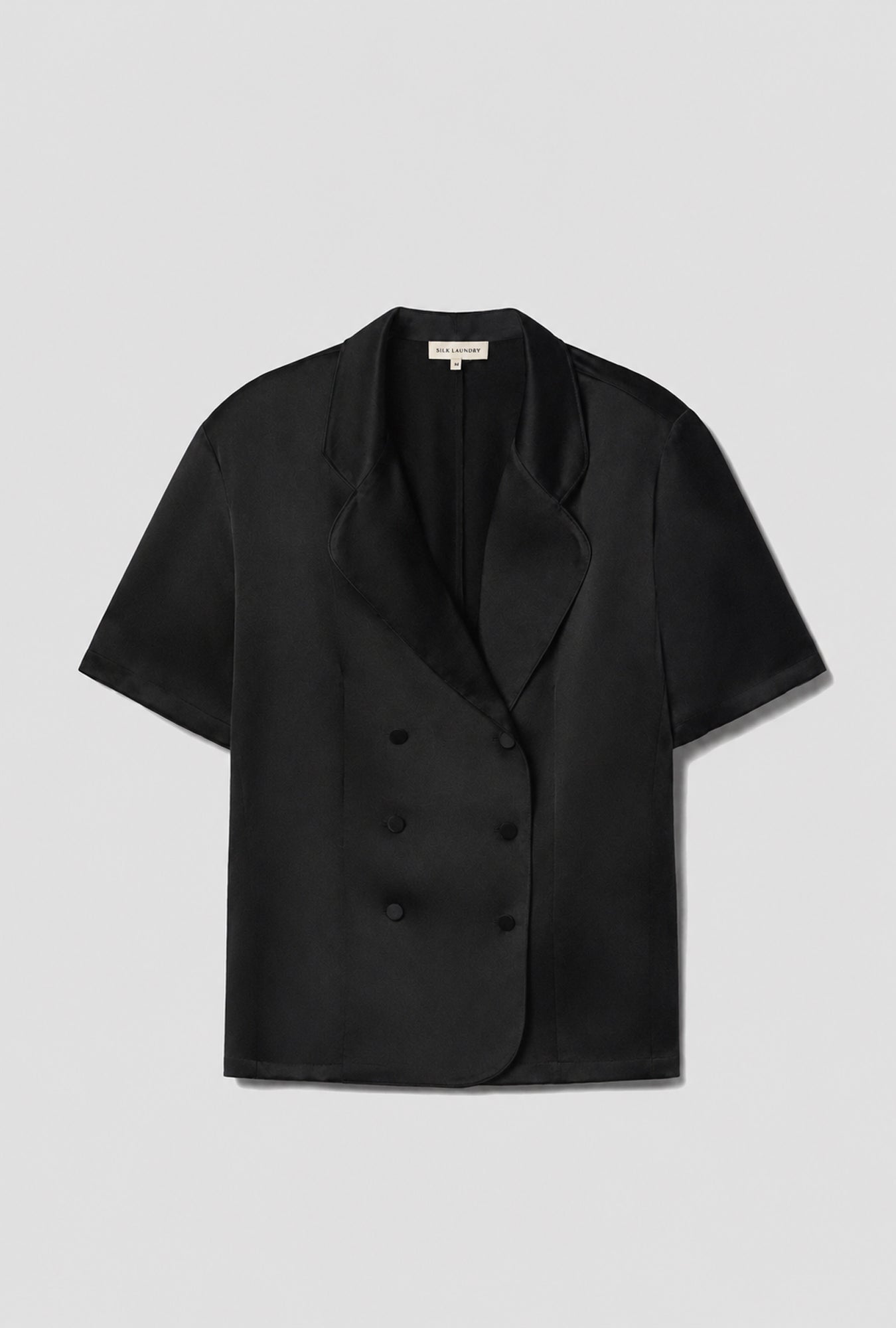 Silk Laundry Short Sleeve Double Breasted Jacket (Black Satin)