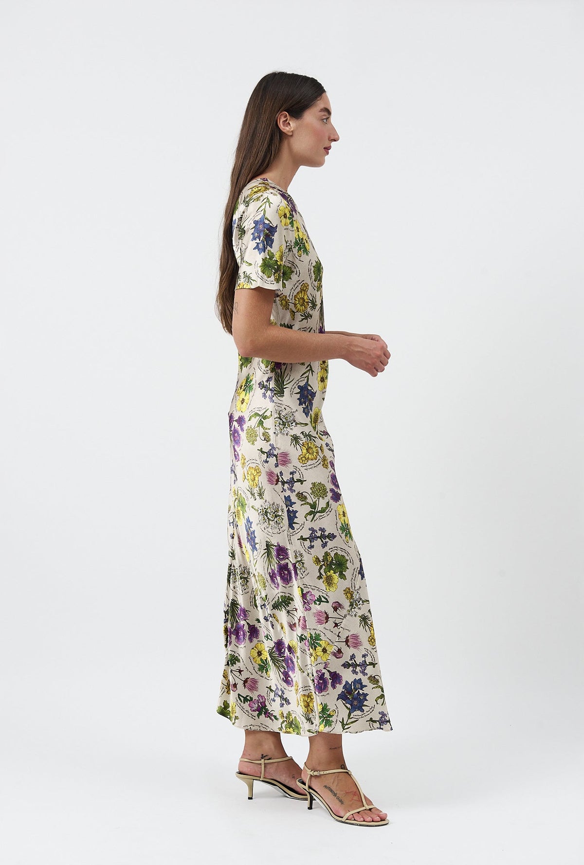 Silk Laundry Short Sleeve Bias Cut Dress (Endangered Flowers)