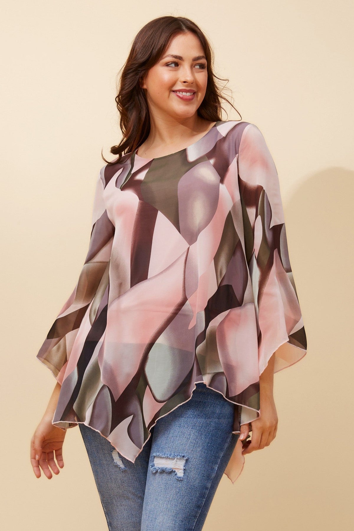 Image of a model wearing Tops. Product name - ALISON DOUBLE LAYERED TOP in Multi Pink colour by brand - Caroline Morgan Australia