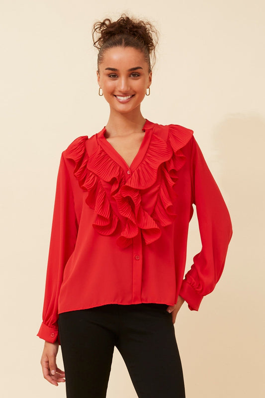 Image of Blouses. Product name - ROMILIA RUFFLE BLOUSE in Red colour by brand - BOTTEGA MODA
