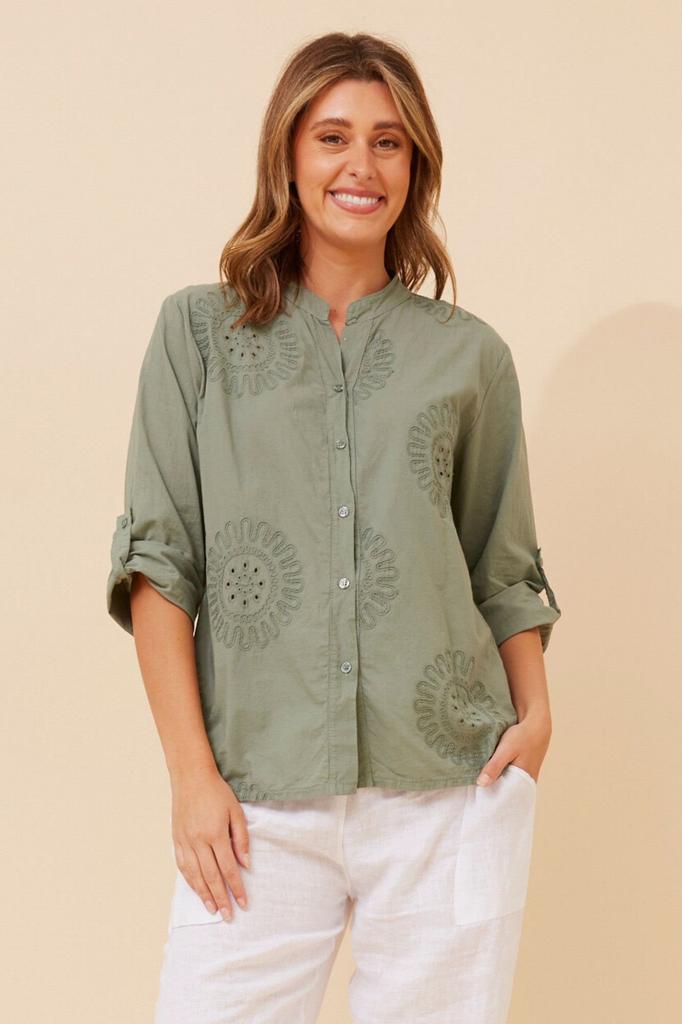 Image of Shirts. Product name - DOLCINA EMBROIDERED SHIRT in Khaki colour by brand - BOTTEGA MODA