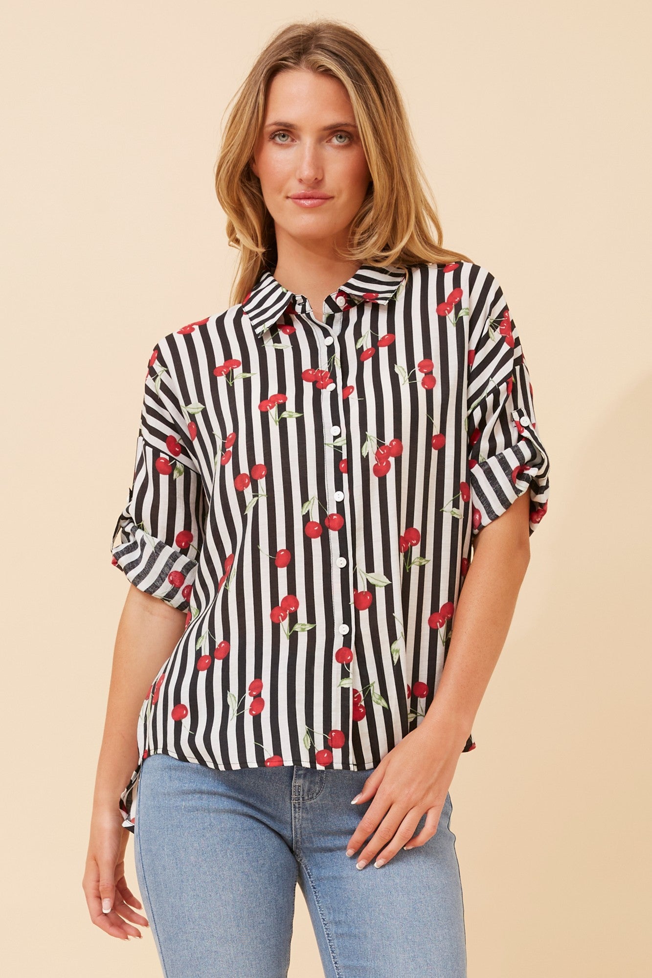 LAKEISHA CHERRY PRINT TOP (Black And White)