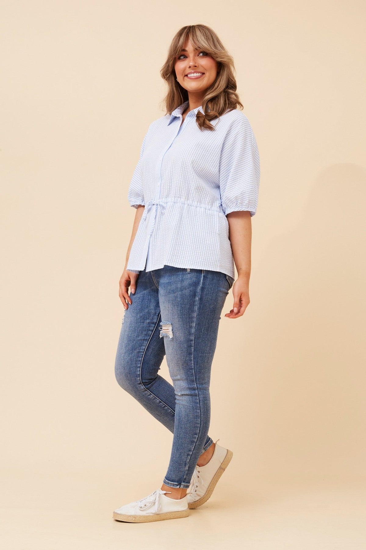 TAZIA STRIPE PRINT SHIRT (Pale Blue)