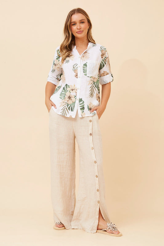 Image of Shirts. Product name - ROSALVA TROPICAL PRINT LINEN SHIRT in White colour by brand - BOTTEGA MODA