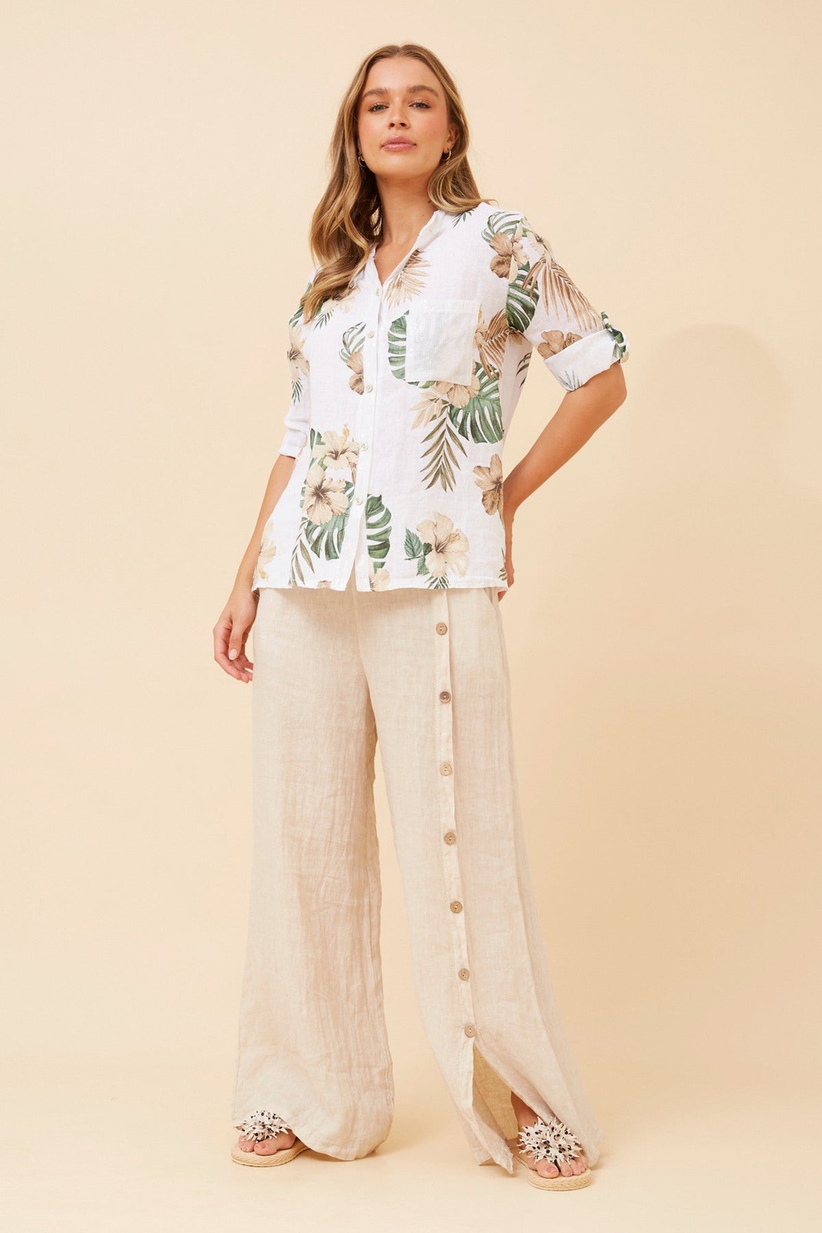 ROSALVA TROPICAL PRINT LINEN SHIRT (White)