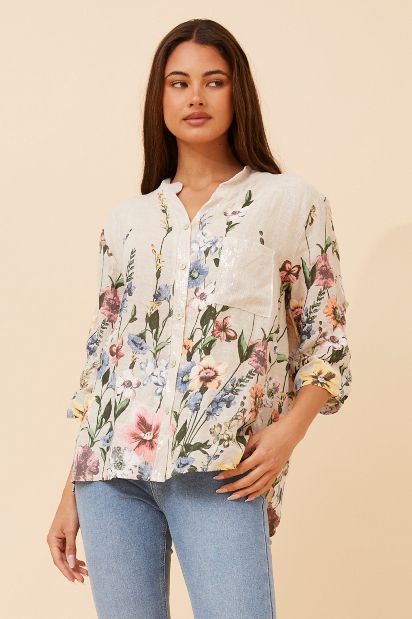 Image of Shirts. Product name - ROSALVA FLORAL PRINT LINEN SHIRT in Linen colour by brand - BOTTEGA MODA