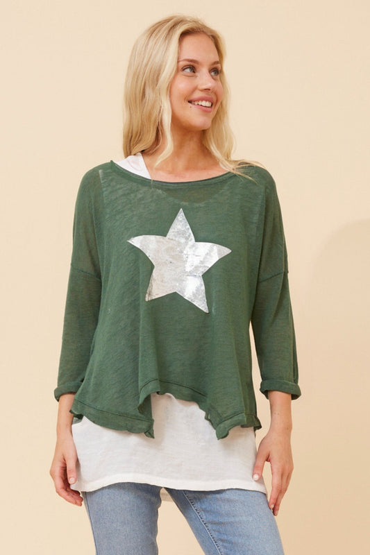 Image of a model wearing Tops. Product name - CLARITY DOUBLE LAYER TOP in Emerald colour by brand - Caroline Morgan Australia
