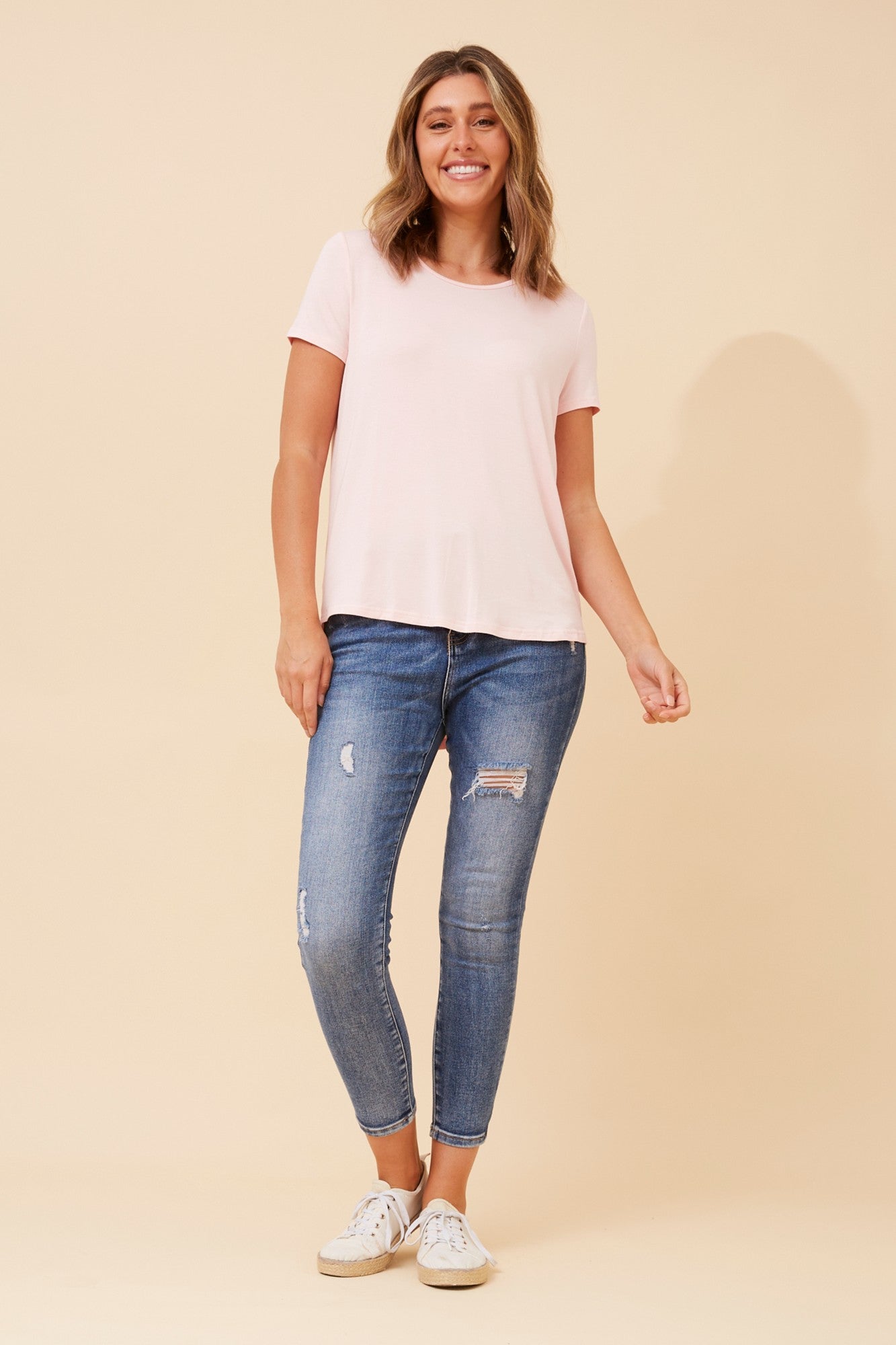 Image of T-Shirts. Product name - REGINA SOLID T-SHIRT in Black colour by brand - Caroline Morgan Australia