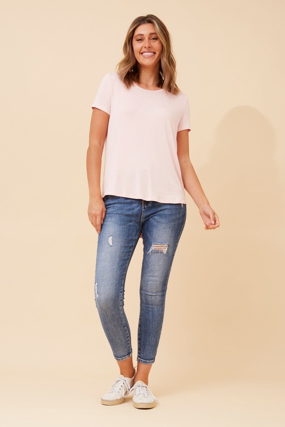 Image of T-Shirts. Product name - REGINA SOLID T-SHIRT in Black colour by brand - Caroline Morgan Australia