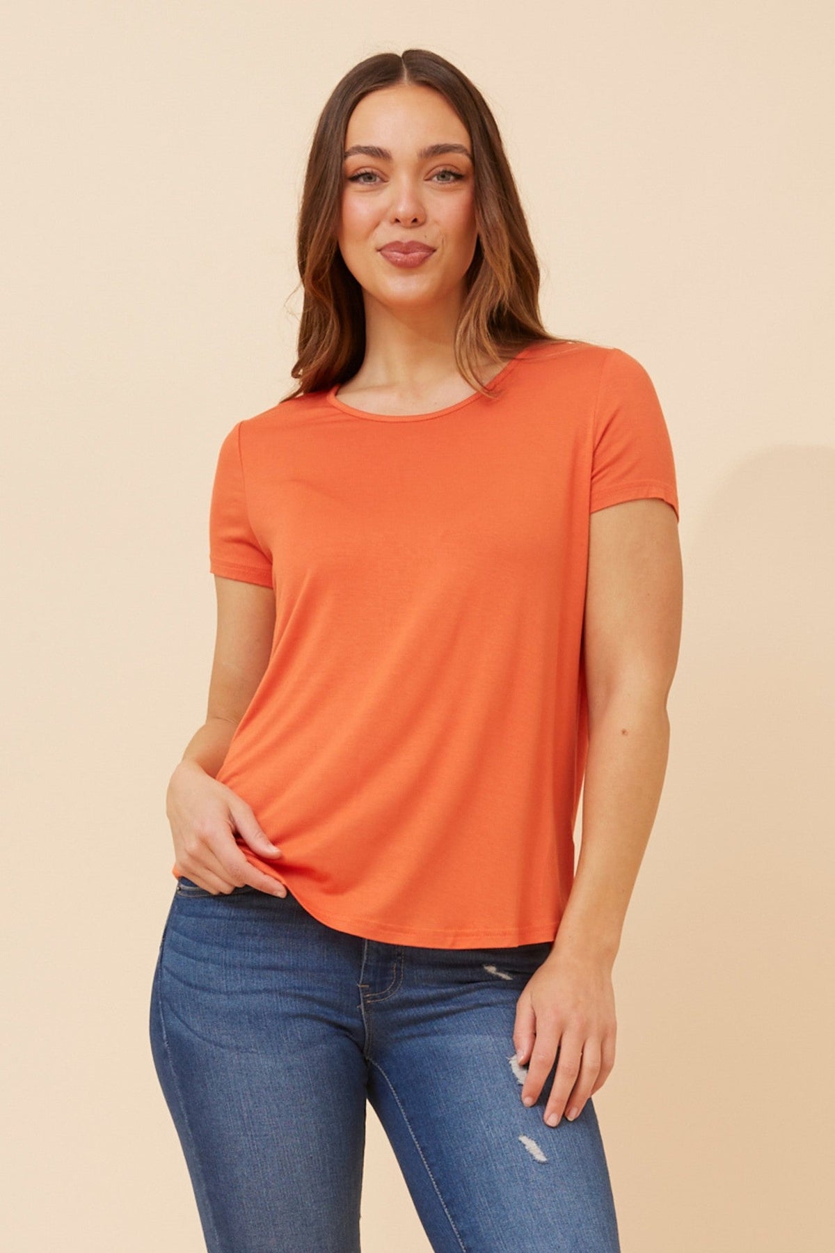 Image of T-Shirts. Product name - REGINA SOLID T-SHIRT in Tangerine colour by brand - Caroline Morgan Australia