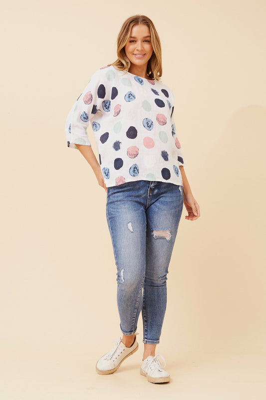 Image of a model wearing Tops. Product name - JAMILA BLOT PRINT LINEN TOP in Multi White colour by brand - BOTTEGA MODA
