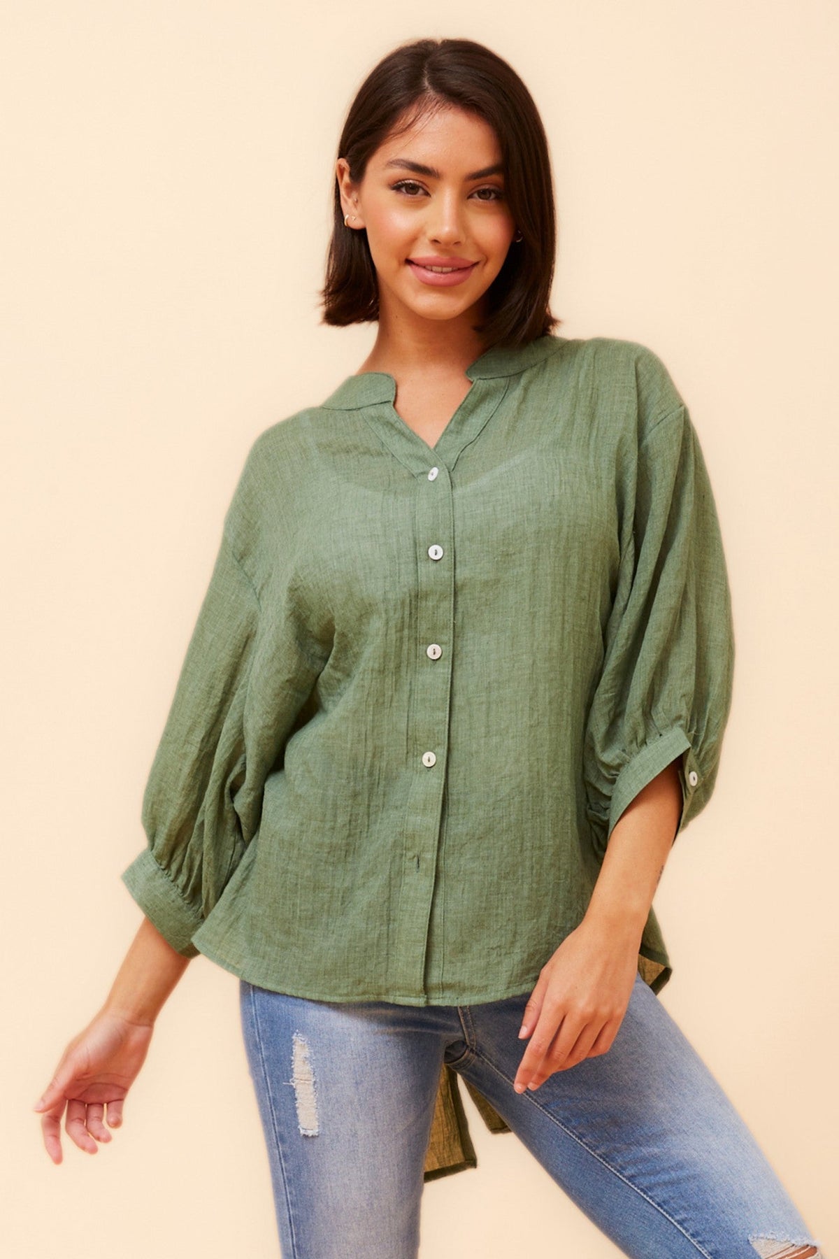 Image of Shirts. Product name - BELINA SOLID SHIRT in Green colour by brand - Caroline Morgan Australia