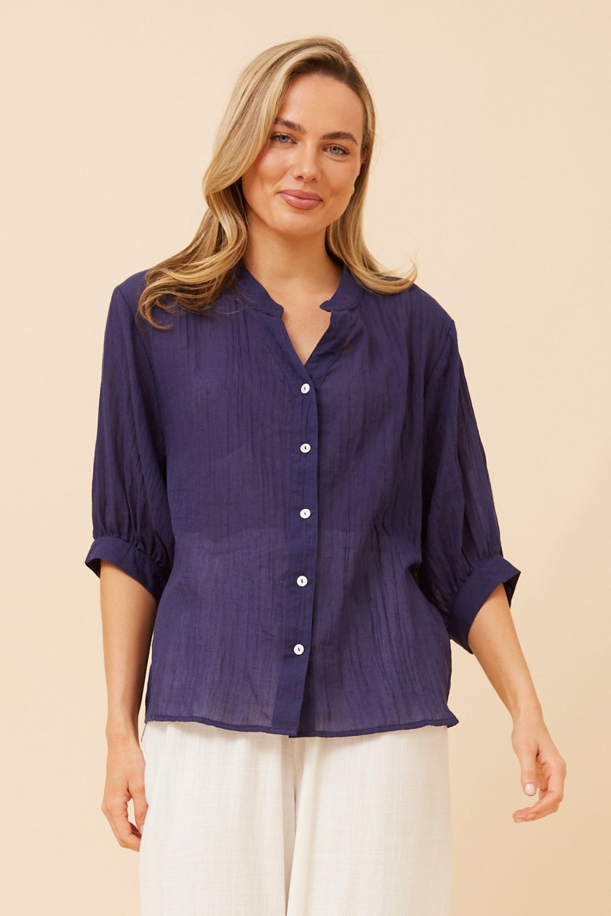 Image of Shirts. Product name - BELINA SOLID SHIRT in Navy colour by brand - Caroline Morgan Australia
