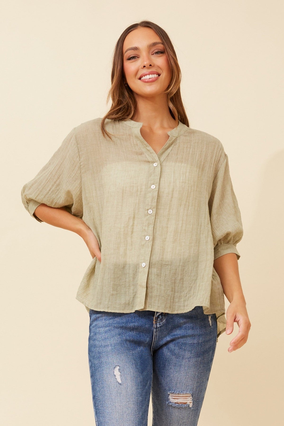 Image of Shirts. Product name - BELINA SOLID SHIRT in Olive colour by brand - Caroline Morgan Australia