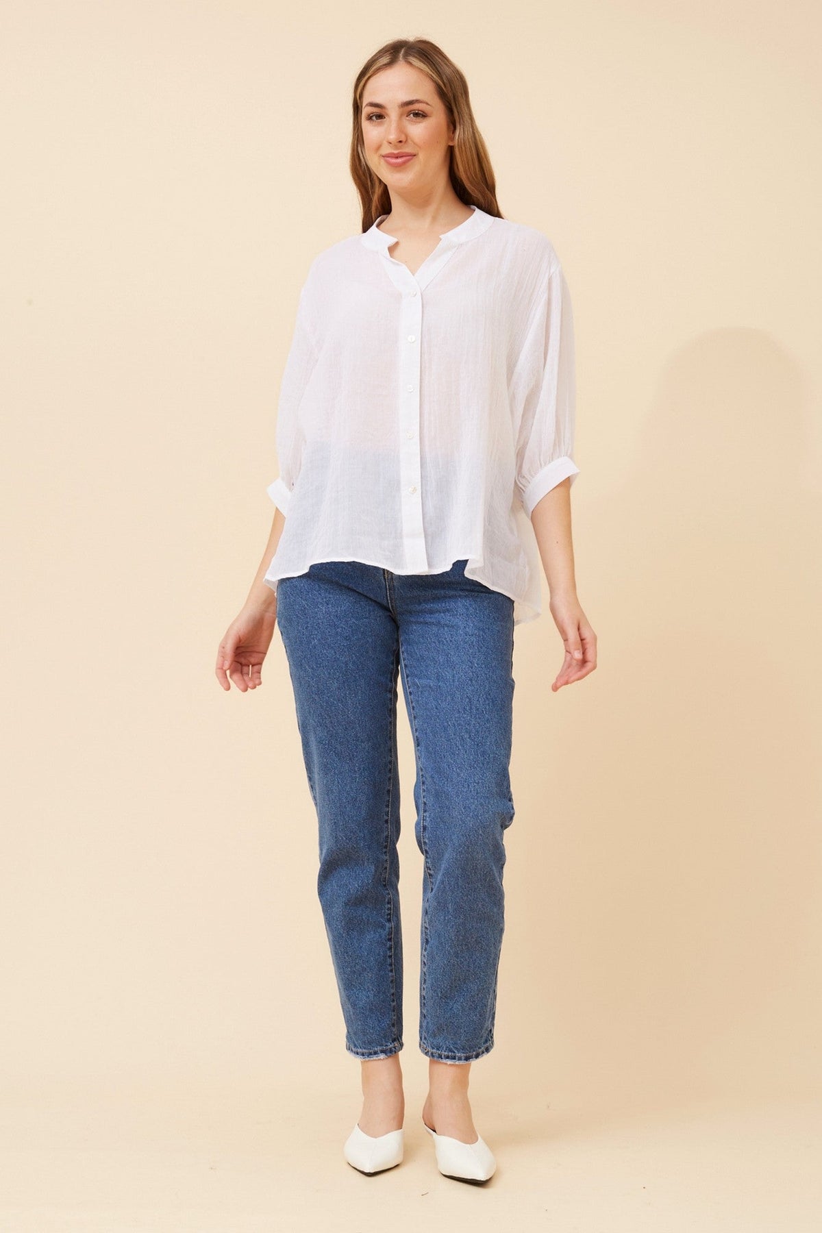 Image of Shirts. Product name - BELINA SOLID SHIRT in White colour by brand - Caroline Morgan Australia