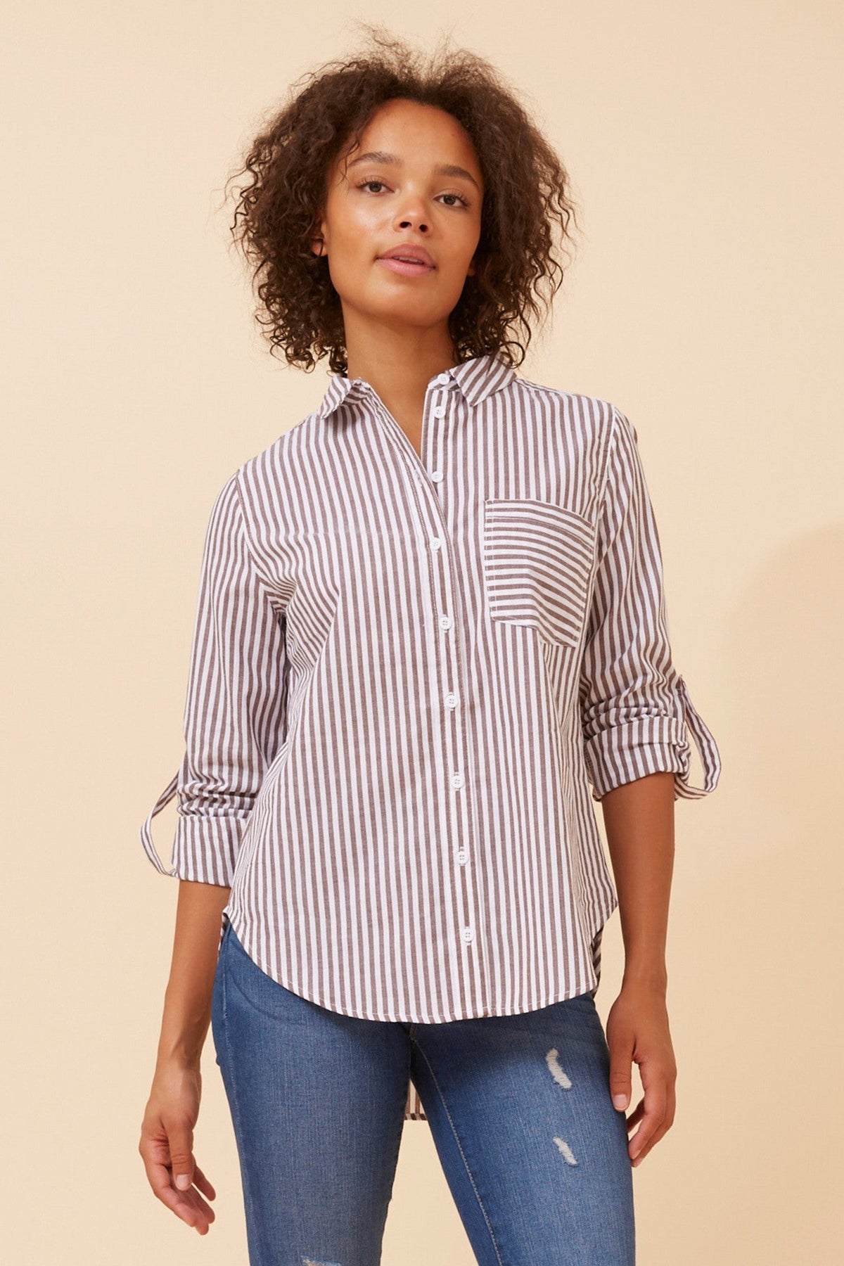 Image of Shirts. Product name - MARGARET STRIPE SHIRT in Chocolate colour by brand - Caroline Morgan Australia