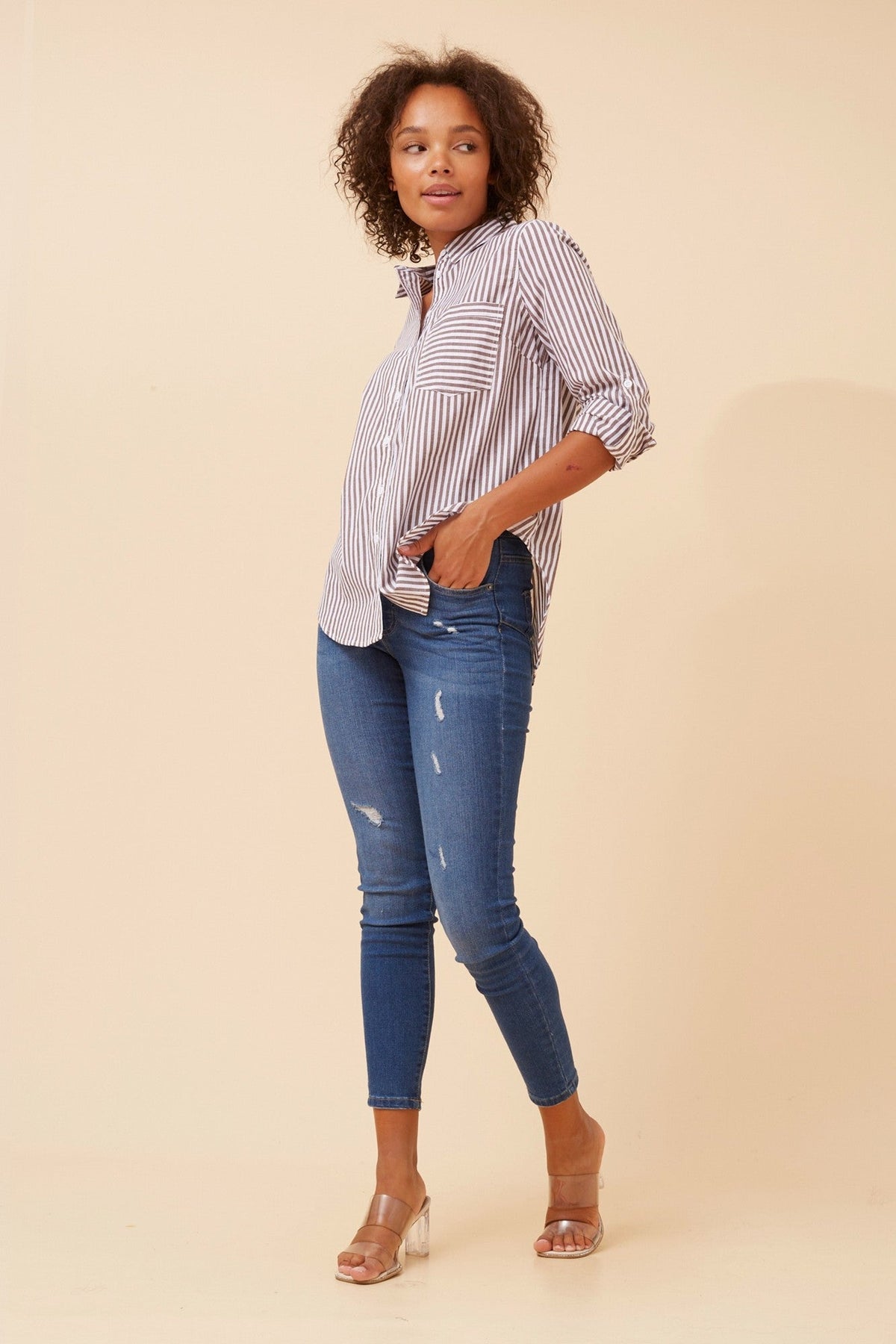 Caroline Morgan Australia MARGARET STRIPE SHIRT (Chocolate)