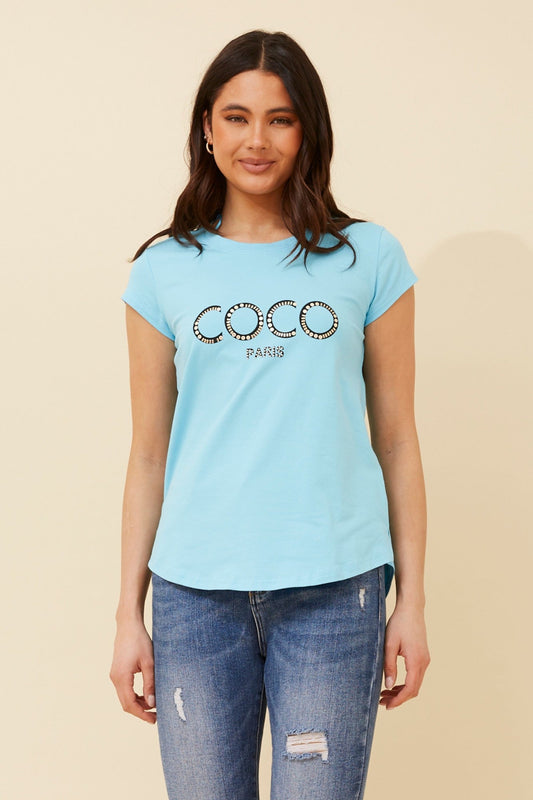 Image of T-Shirts. Product name - COCO GRAPHIC TEE in Artic Blue colour by brand - Caroline Morgan Australia