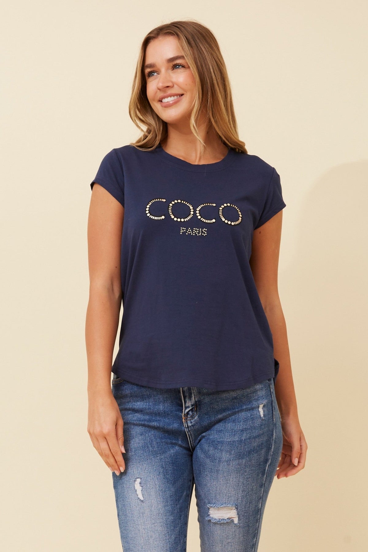 Image of T-Shirts. Product name - COCO GRAPHIC TEE in Navy colour by brand - Caroline Morgan Australia